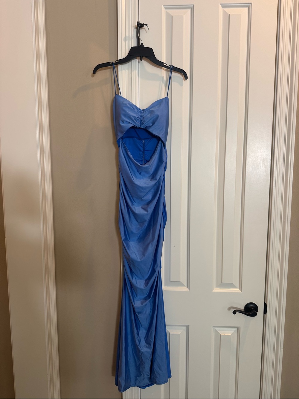 Crystal Doll Blue Satin Backless Cutout Maxi Dress